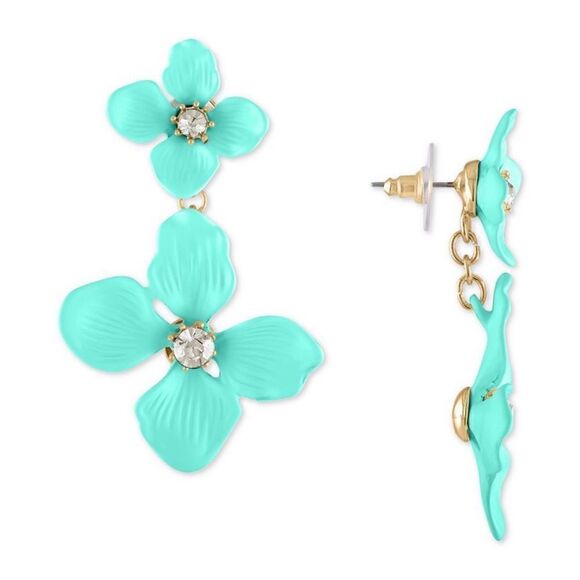 RACHEL Rachel Roy Gold-Tone Turquoise Crystal Double Flower Statement Earrings - Picture 1 of 7